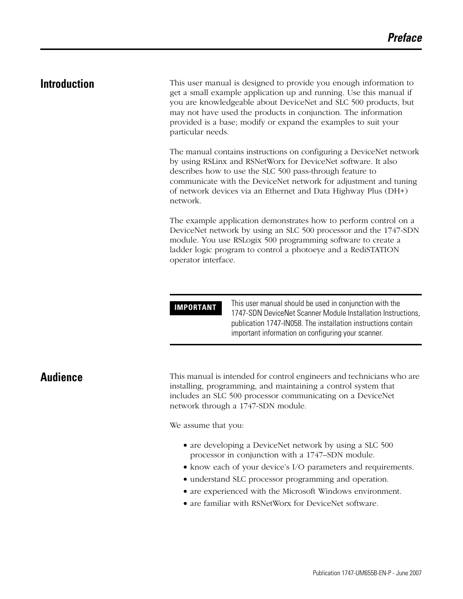 Preface, Introduction, Audience | Introduction audience, Preface introduction | Rockwell Automation 1747-SDN SLC 500 DeviceNet Scanner Module User Manual User Manual | Page 9 / 160