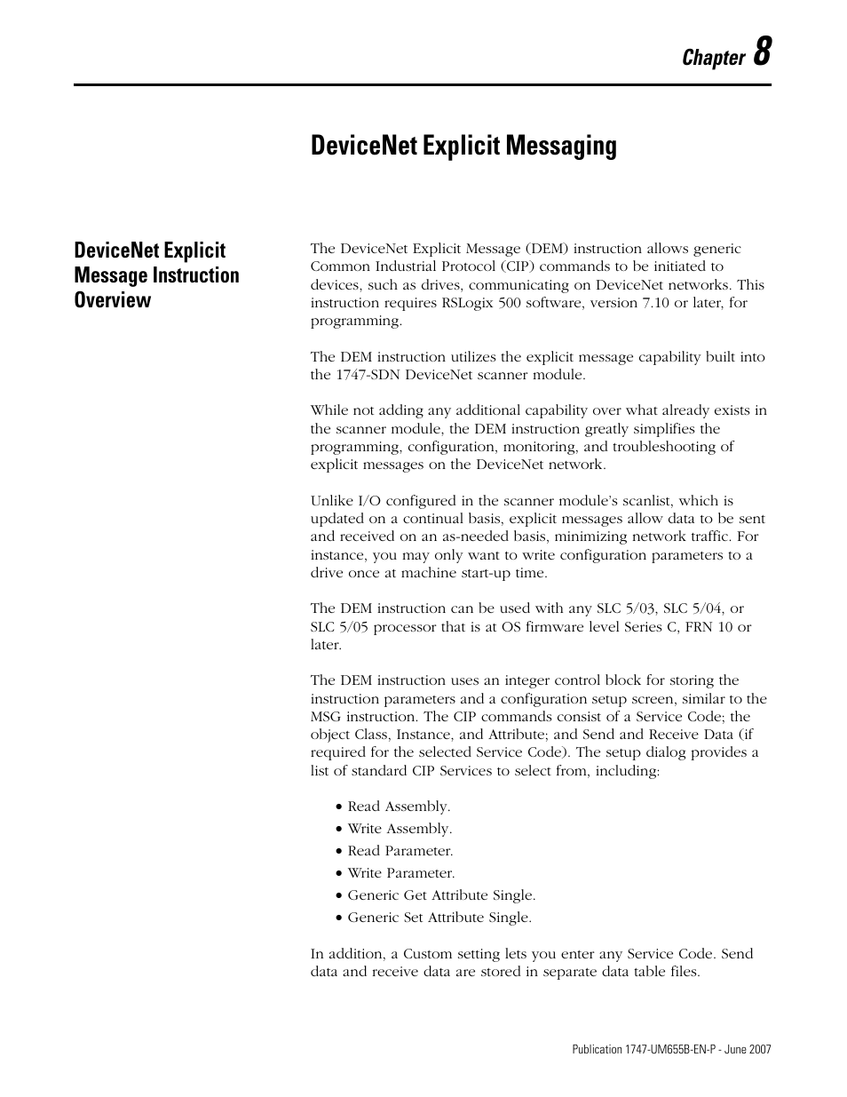 8 - devicenet explicit messaging, Devicenet explicit message instruction overview, Chapter 8 | Devicenet explicit messaging, Chapter | Rockwell Automation 1747-SDN SLC 500 DeviceNet Scanner Module User Manual User Manual | Page 93 / 160