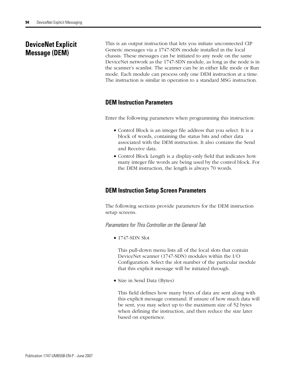 Devicenet explicit message (dem), Dem instruction parameters, Dem instruction setup screen parameters | Rockwell Automation 1747-SDN SLC 500 DeviceNet Scanner Module User Manual User Manual | Page 94 / 160