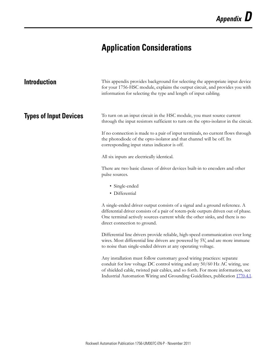 D - application considerations, Introduction, Types of input devices | Appendix d, Application considerations, Introduction types of input devices | Rockwell Automation 1756-HSC ControlLogix High Speed Counter Module User Manual | Page 105 / 128