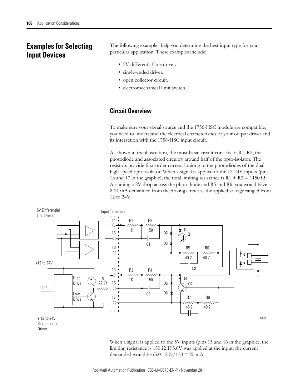 Examples for selecting input devices, Circuit overview | Rockwell Automation 1756-HSC ControlLogix High Speed Counter Module User Manual | Page 106 / 128