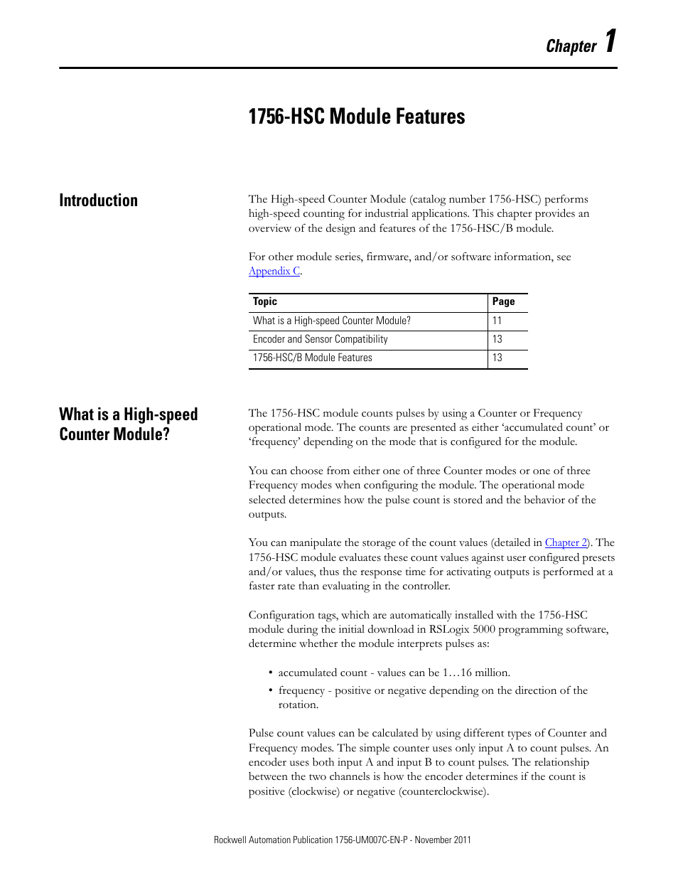 1 - 1756-hsc module features, Introduction, What is a high-speed counter module | Chapter 1, 1756-hsc module features, Introduction what is a high-speed counter module, Chapter | Rockwell Automation 1756-HSC ControlLogix High Speed Counter Module User Manual | Page 11 / 128