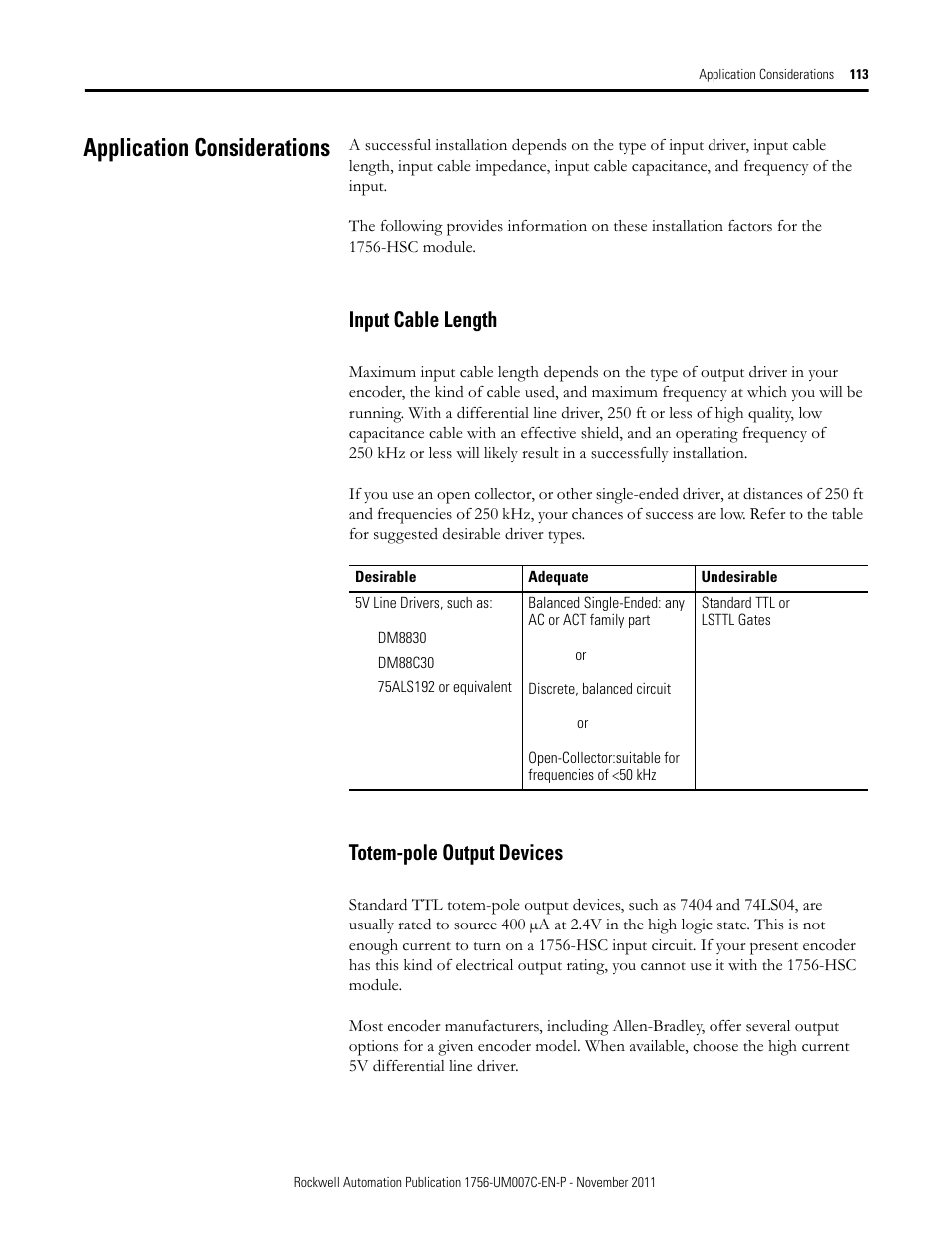 Application considerations, Input cable length, Totem-pole output devices | Input cable length totem-pole output devices | Rockwell Automation 1756-HSC ControlLogix High Speed Counter Module User Manual | Page 113 / 128