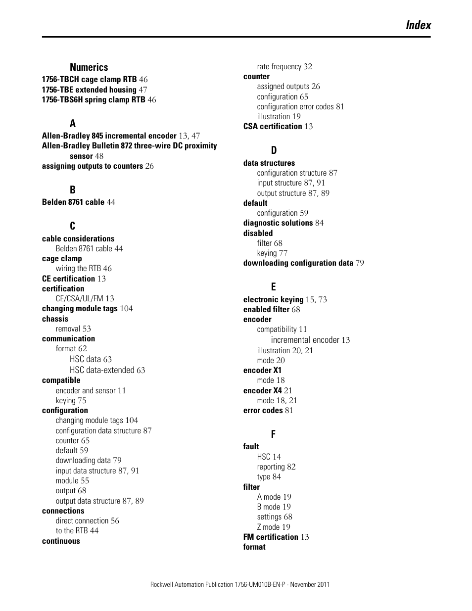Index, Numerics | Rockwell Automation 1756-HSC ControlLogix High Speed Counter Module User Manual | Page 123 / 128