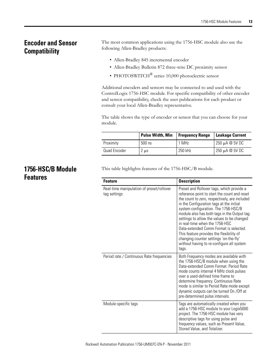 Encoder and sensor compatibility, 1756-hsc/b module features | Rockwell Automation 1756-HSC ControlLogix High Speed Counter Module User Manual | Page 13 / 128