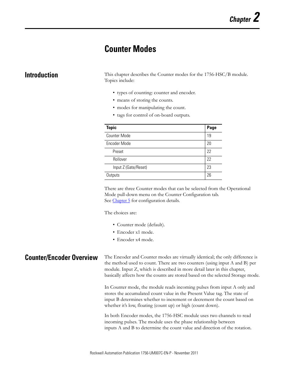 2 - counter modes, Introduction, Counter/encoder overview | Chapter 2, Counter modes, Introduction counter/encoder overview, Chapter | Rockwell Automation 1756-HSC ControlLogix High Speed Counter Module User Manual | Page 17 / 128