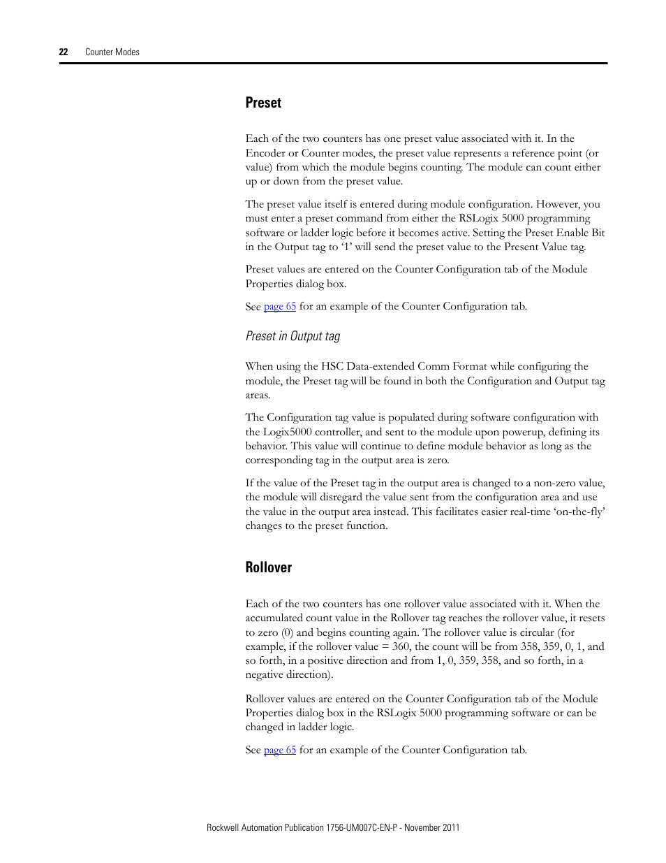 Preset, Rollover, Preset rollover | Rockwell Automation 1756-HSC ControlLogix High Speed Counter Module User Manual | Page 22 / 128