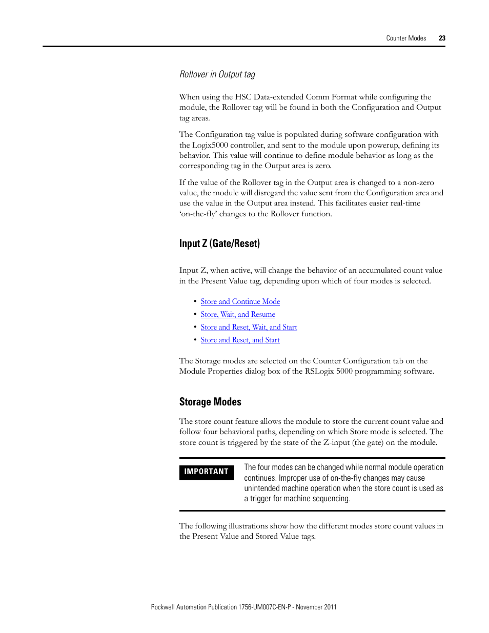 Input z (gate/reset), Storage modes, Input z (gate/reset) storage modes | Rockwell Automation 1756-HSC ControlLogix High Speed Counter Module User Manual | Page 23 / 128