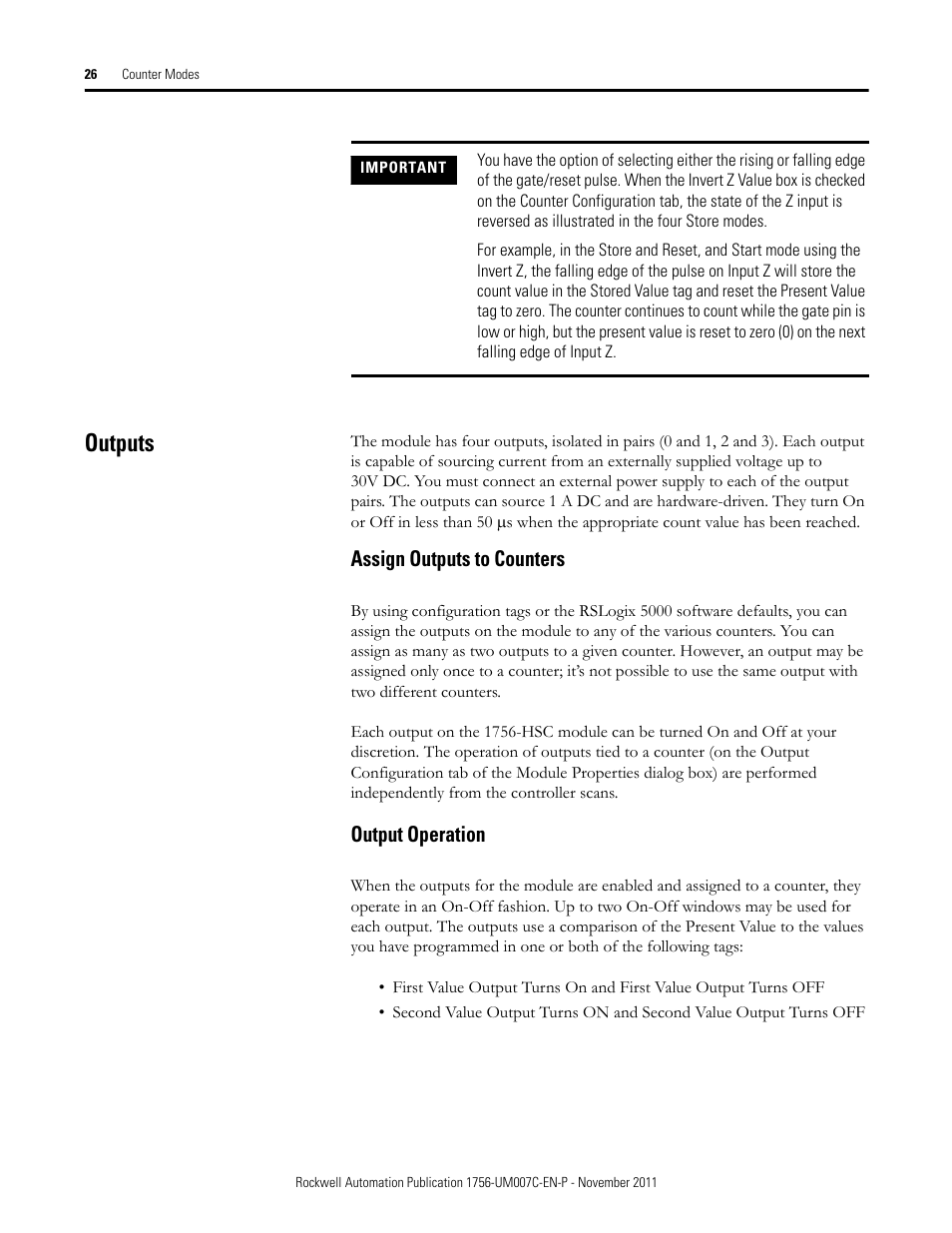 Outputs, Assign outputs to counters, Output operation | Assign outputs to counters output operation | Rockwell Automation 1756-HSC ControlLogix High Speed Counter Module User Manual | Page 26 / 128