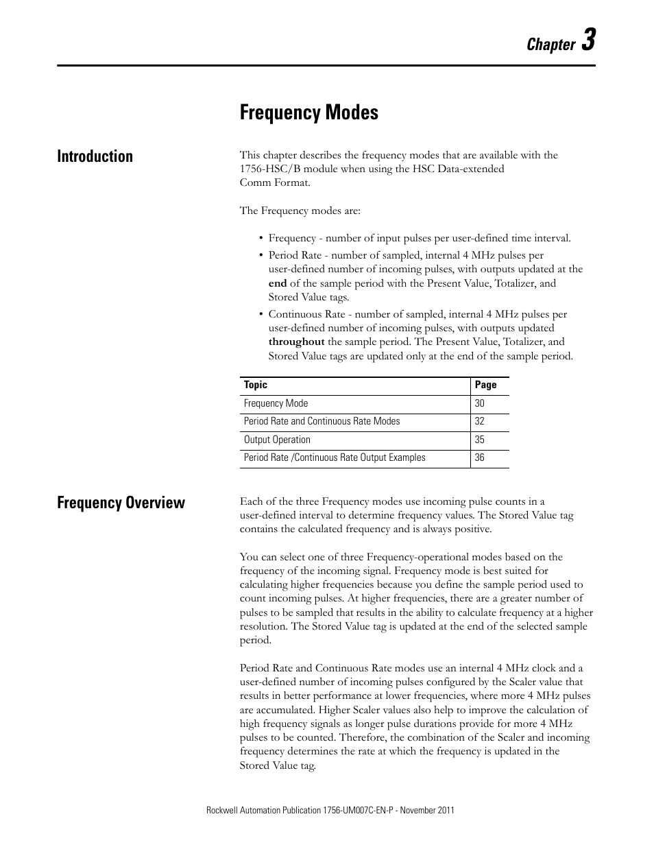 3 - frequency modes, Introduction, Frequency overview | Chapter 3, Frequency modes, Introduction frequency overview, Chapter | Rockwell Automation 1756-HSC ControlLogix High Speed Counter Module User Manual | Page 29 / 128