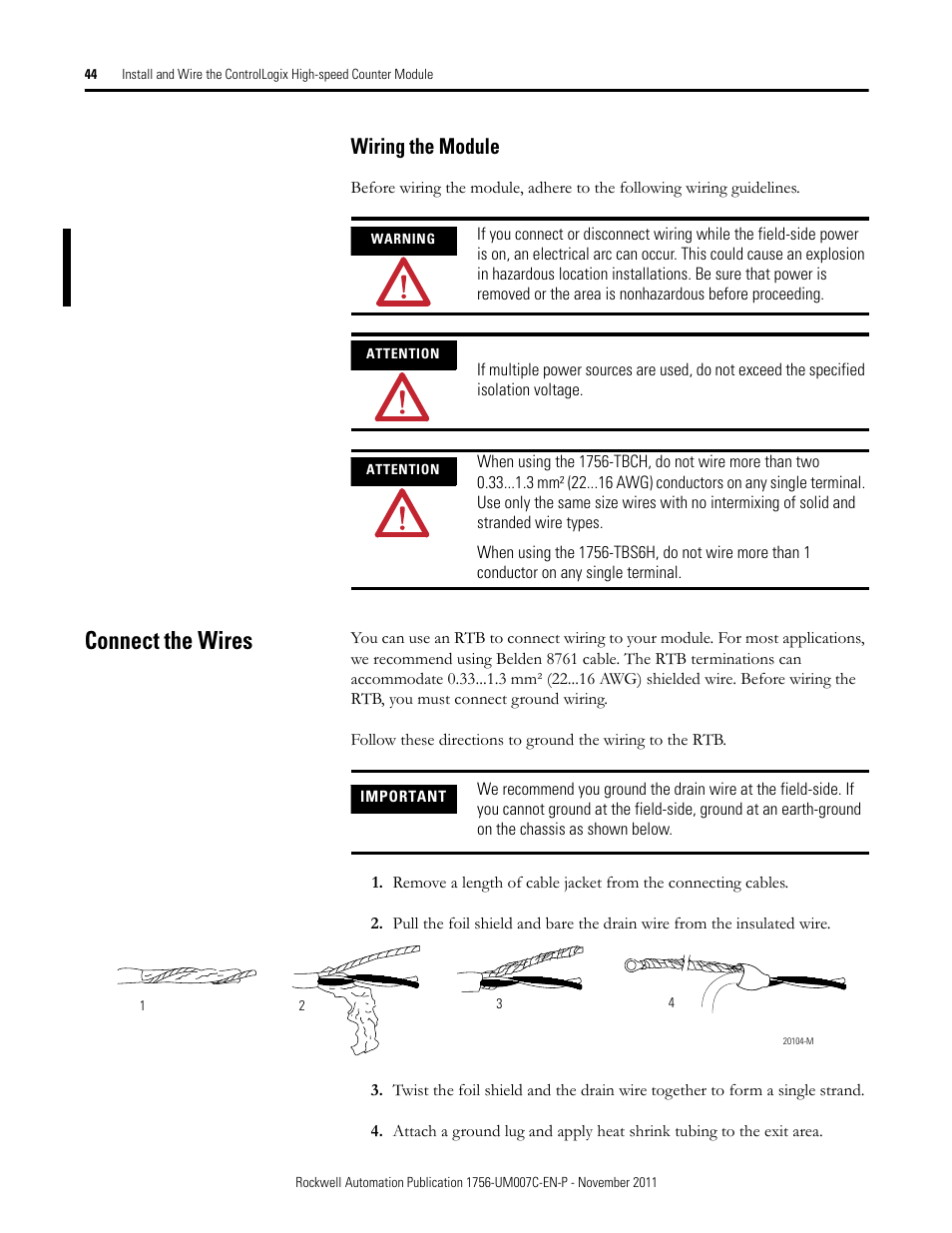 Wiring the module, Connect the wires | Rockwell Automation 1756-HSC ControlLogix High Speed Counter Module User Manual | Page 44 / 128