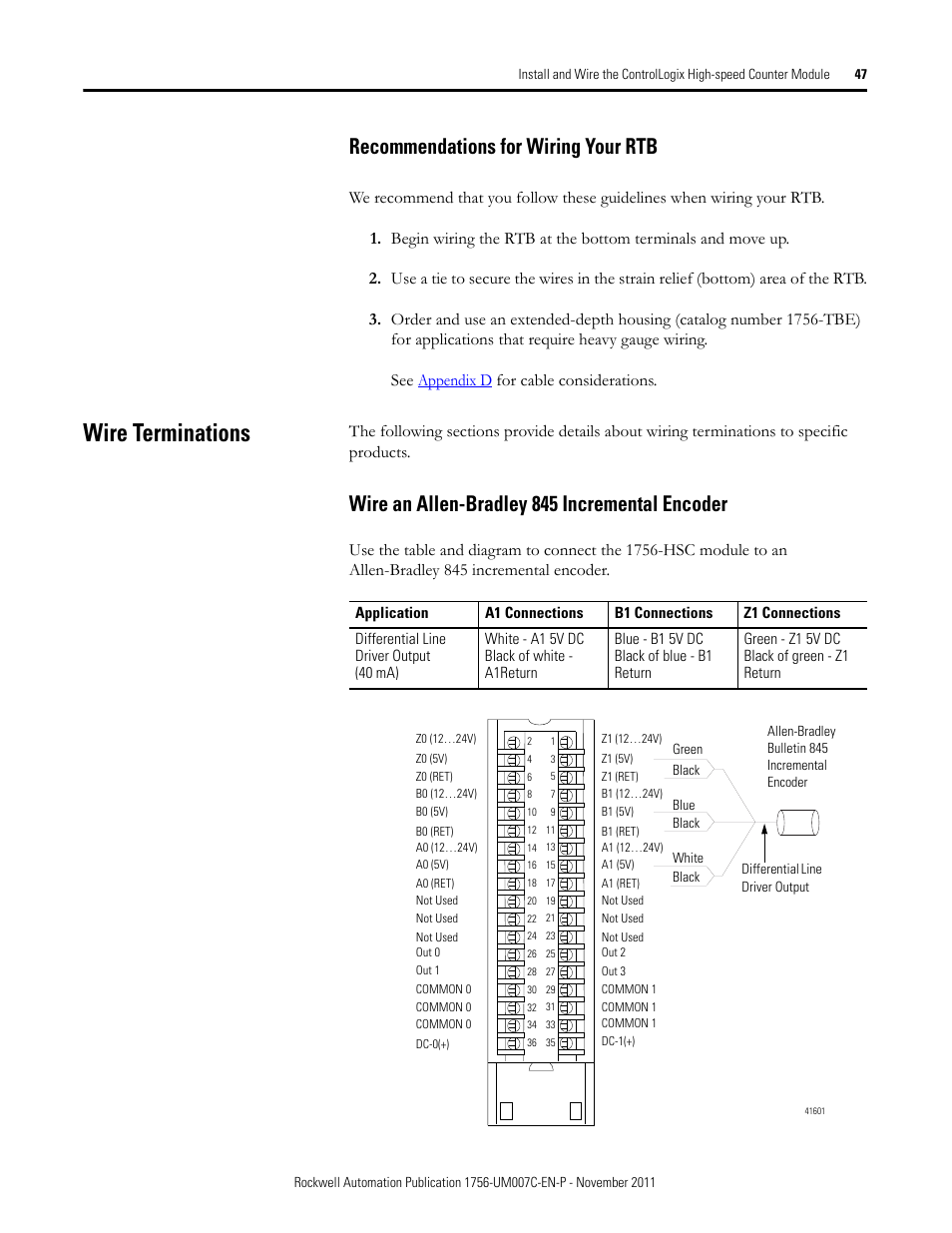 Recommendations for wiring your rtb, Wire terminations, Wire an allen-bradley 845 incremental encoder | Rockwell Automation 1756-HSC ControlLogix High Speed Counter Module User Manual | Page 47 / 128