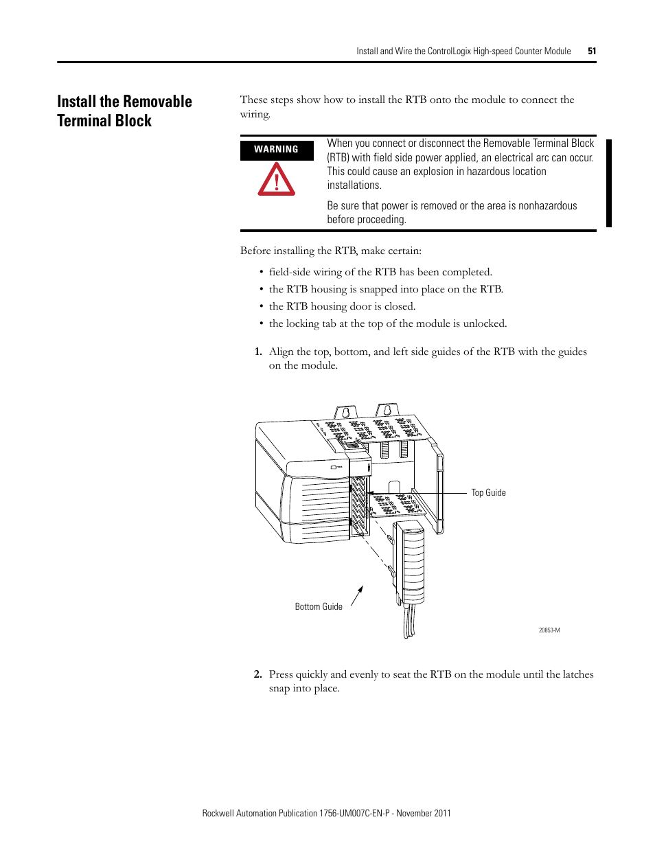 Install the removable terminal block | Rockwell Automation 1756-HSC ControlLogix High Speed Counter Module User Manual | Page 51 / 128