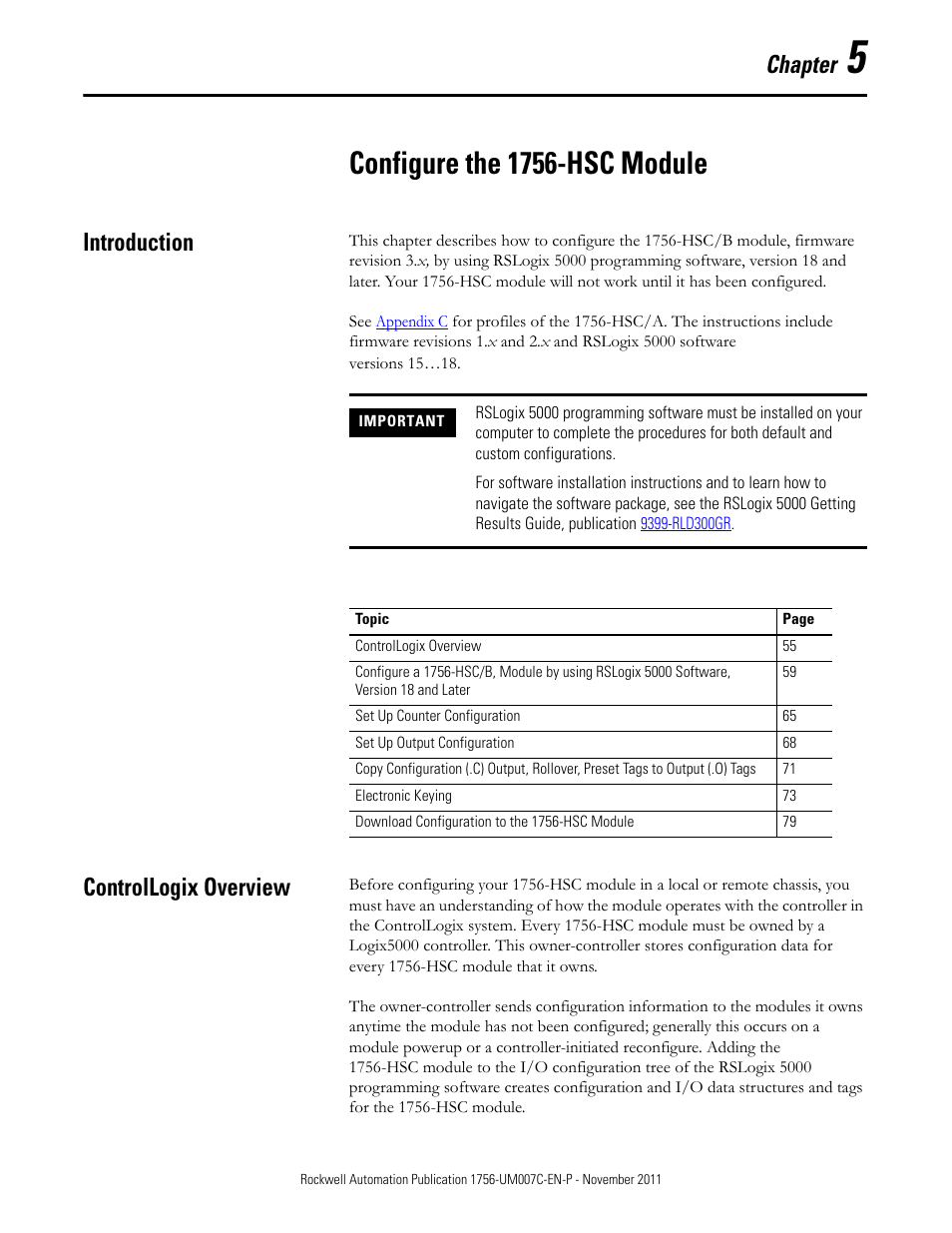 5 - configure the 1756-hsc module, Introduction, Controllogix overview | Chapter 5, Configure the 1756-hsc module, Introduction controllogix overview, Installed, proceed to, Chapter | Rockwell Automation 1756-HSC ControlLogix High Speed Counter Module User Manual | Page 55 / 128