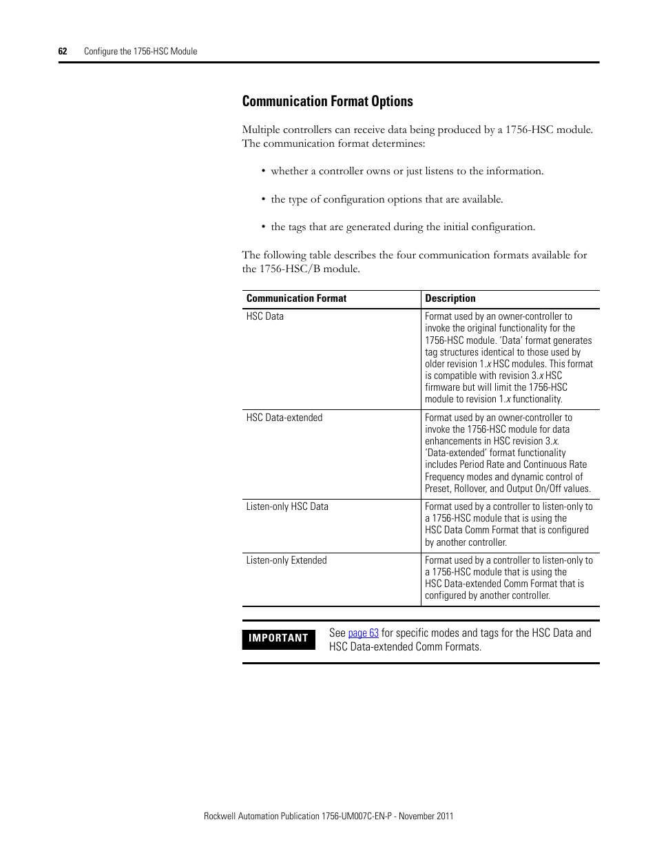 Communication format options | Rockwell Automation 1756-HSC ControlLogix High Speed Counter Module User Manual | Page 62 / 128