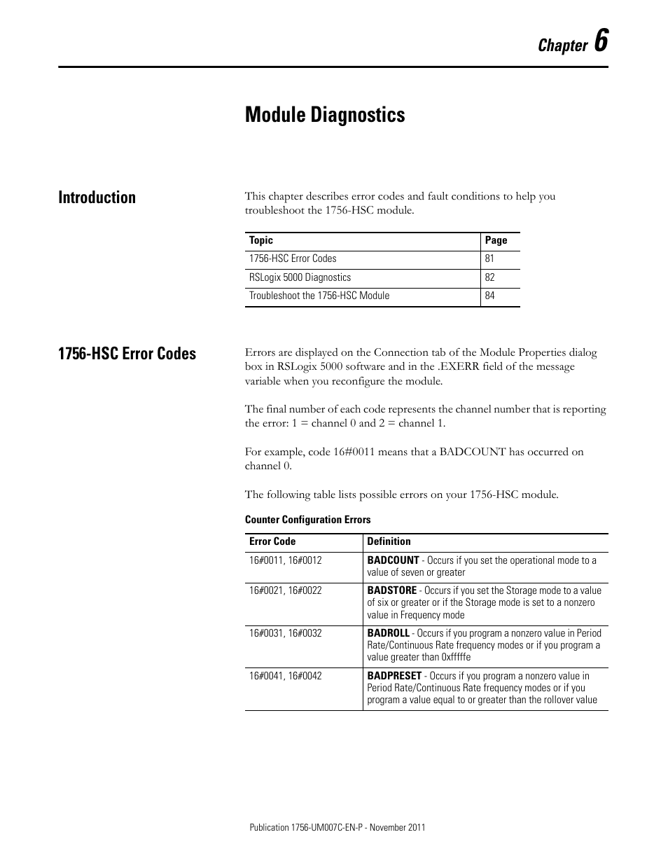 6 - module diagnostics, Introduction, 1756-hsc error codes | Chapter 6, Module diagnostics, Introduction 1756-hsc error codes, Chapter | Rockwell Automation 1756-HSC ControlLogix High Speed Counter Module User Manual | Page 81 / 128
