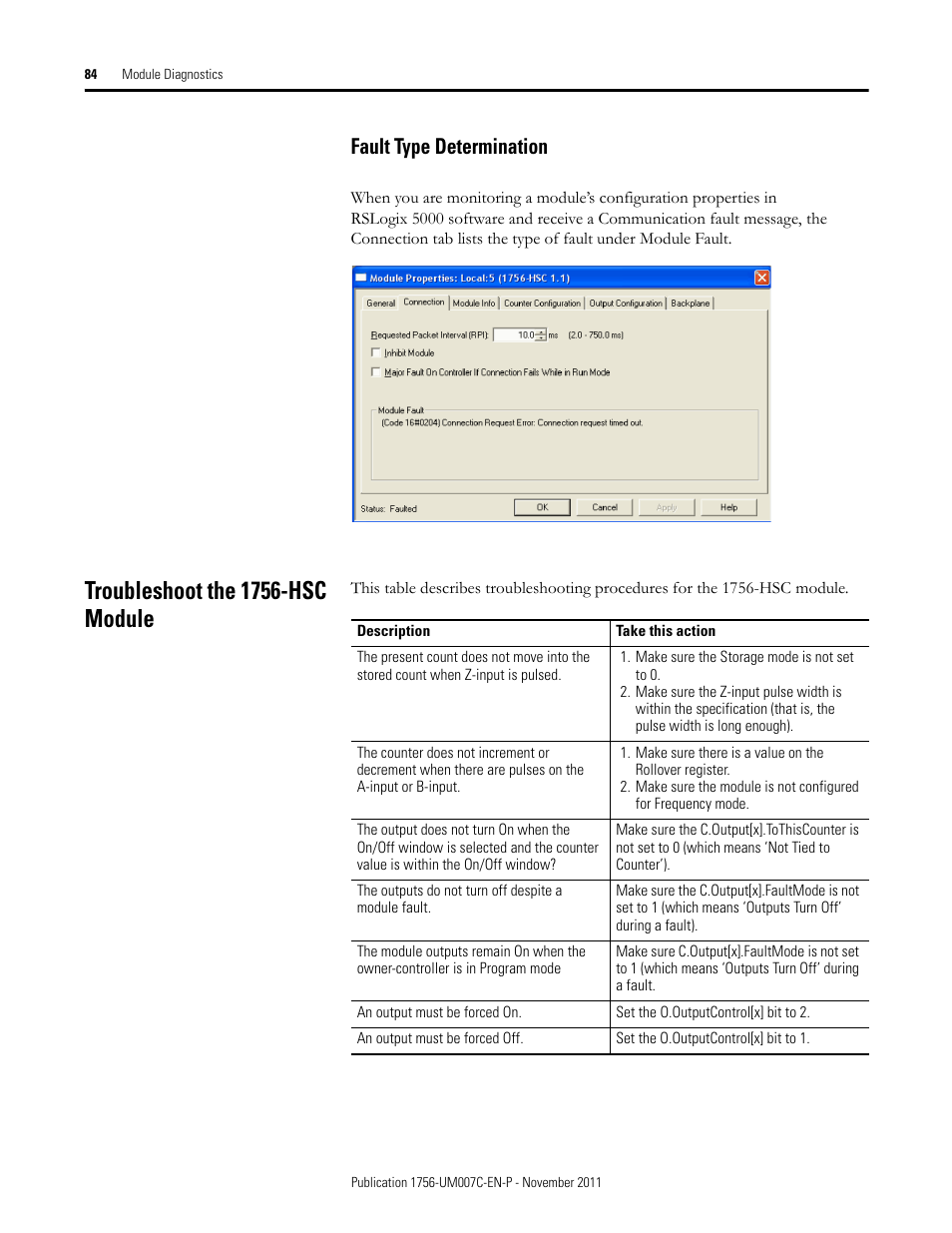 Fault type determination, Troubleshoot the 1756-hsc module | Rockwell Automation 1756-HSC ControlLogix High Speed Counter Module User Manual | Page 84 / 128