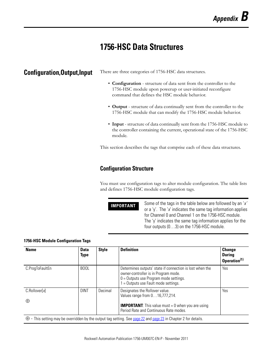 B - 1756-hsc data structures, Configuration,output,input, Configuration structure | Appendix b, 1756-hsc data structures, For tag descriptions, For a co, Appendix | Rockwell Automation 1756-HSC ControlLogix High Speed Counter Module User Manual | Page 87 / 128