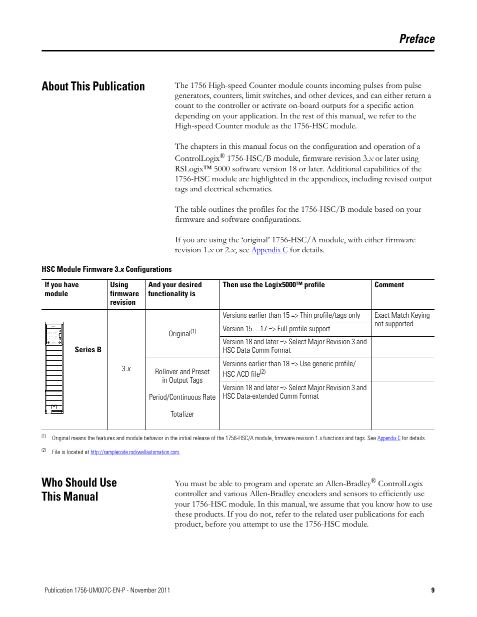 Preface, About this publication, Who should use this manual | About this publication who should use this manual, Preface about this publication | Rockwell Automation 1756-HSC ControlLogix High Speed Counter Module User Manual | Page 9 / 128
