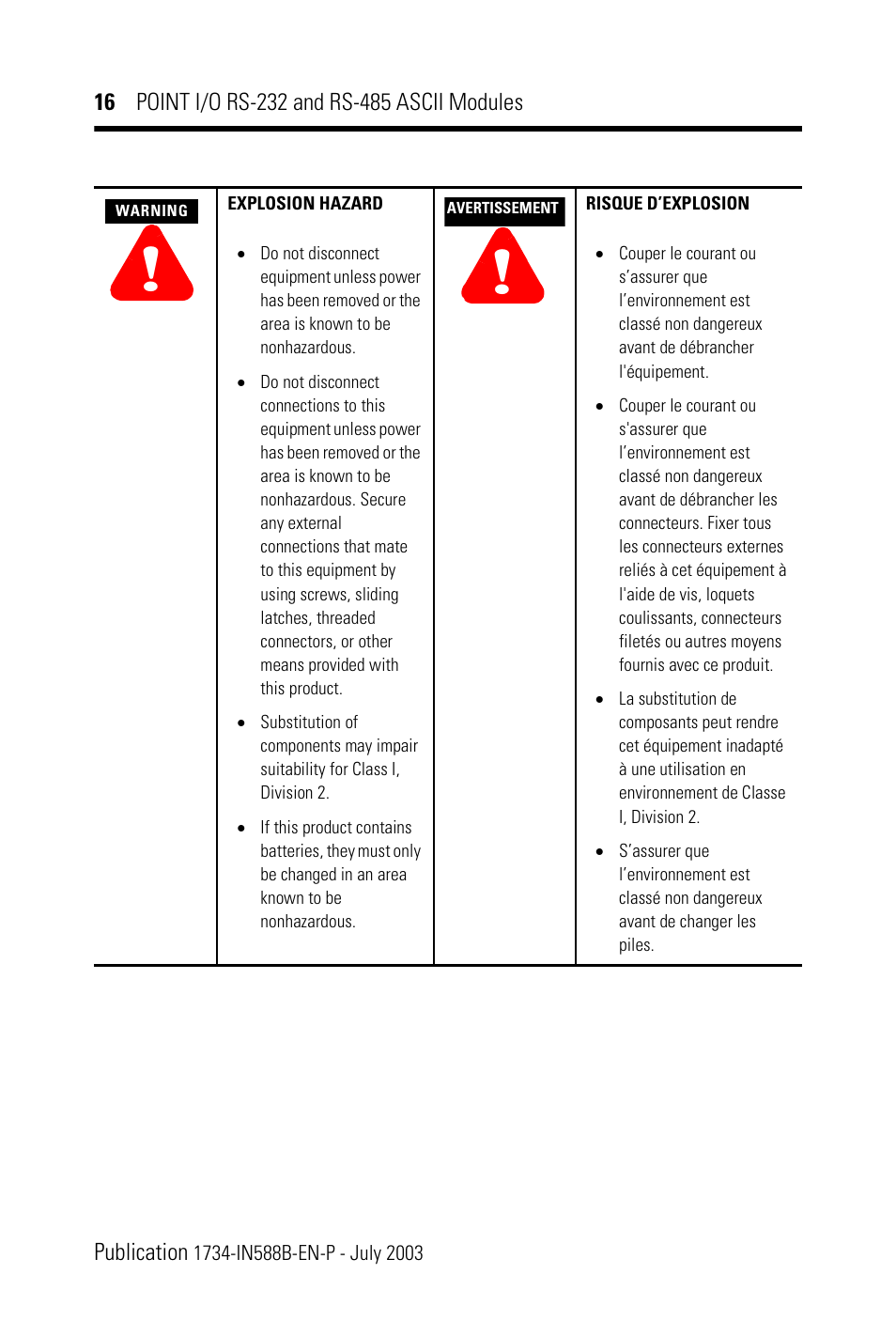 Rockwell Automation 1734-485ASC POINT I/O RS-232 and RS-485 ASCII Modules Installation Instructions User Manual | Page 16 / 24