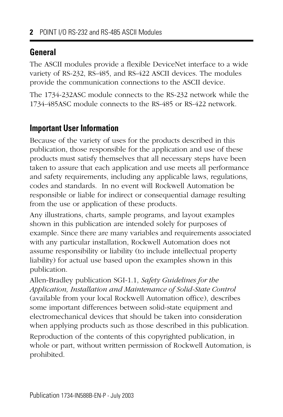General, Important user information | Rockwell Automation 1734-485ASC POINT I/O RS-232 and RS-485 ASCII Modules Installation Instructions User Manual | Page 2 / 24