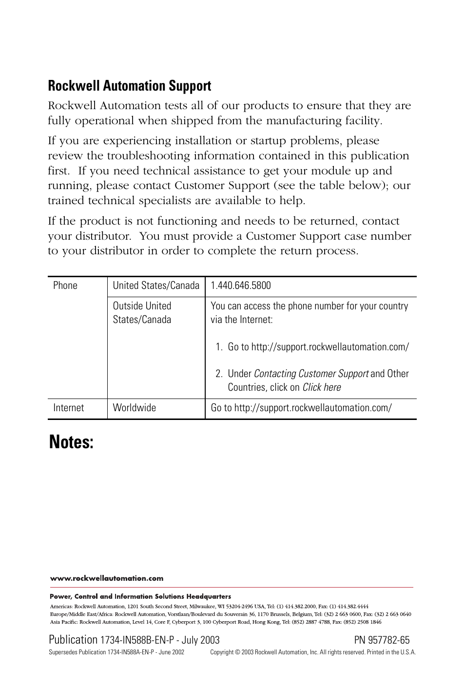 Back cover, Rockwell automation support | Rockwell Automation 1734-485ASC POINT I/O RS-232 and RS-485 ASCII Modules Installation Instructions User Manual | Page 24 / 24