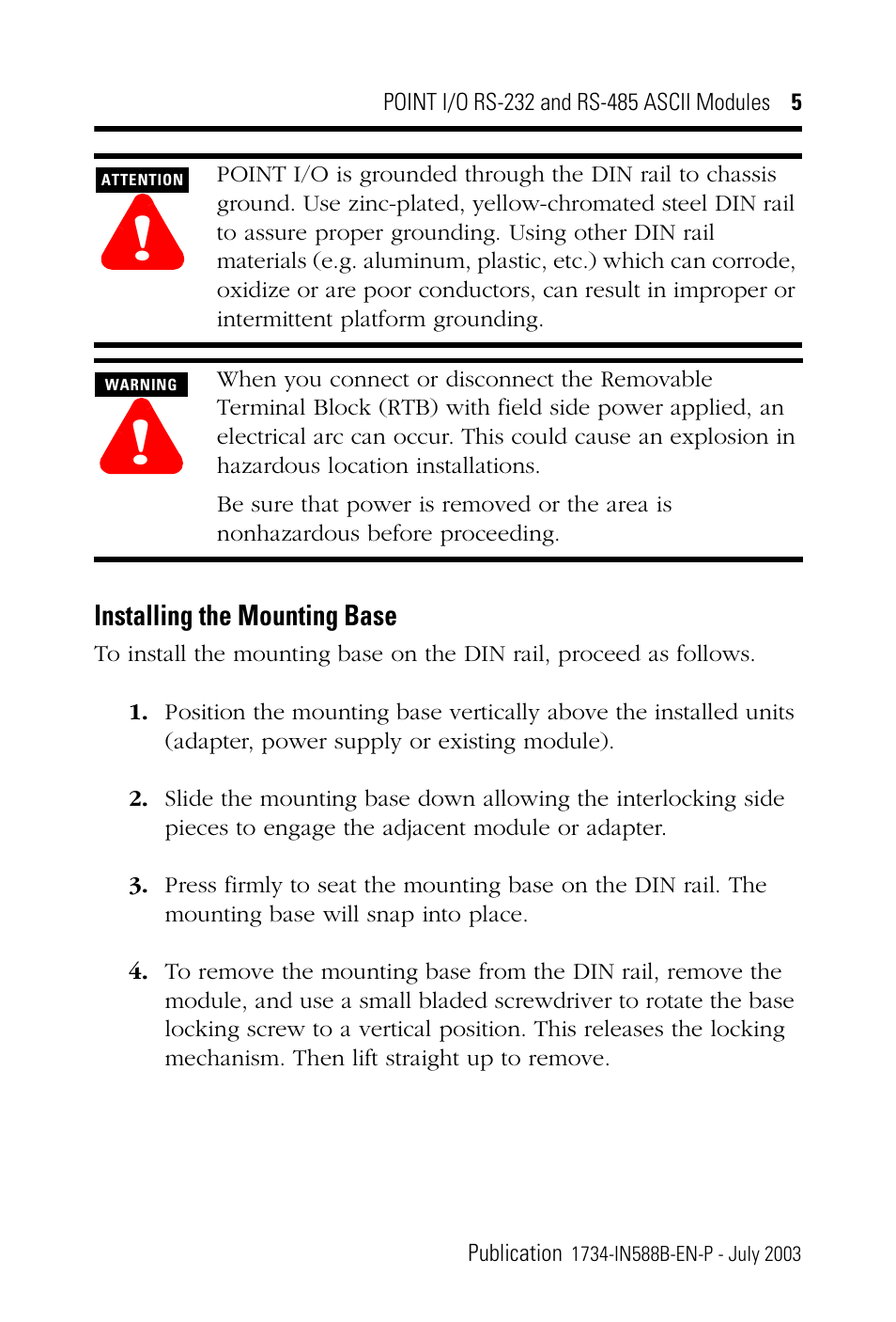 Installing the mounting base | Rockwell Automation 1734-485ASC POINT I/O RS-232 and RS-485 ASCII Modules Installation Instructions User Manual | Page 5 / 24