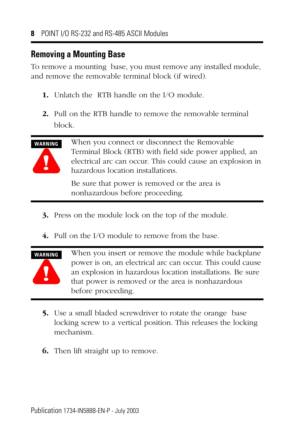 Removing a mounting base | Rockwell Automation 1734-485ASC POINT I/O RS-232 and RS-485 ASCII Modules Installation Instructions User Manual | Page 8 / 24