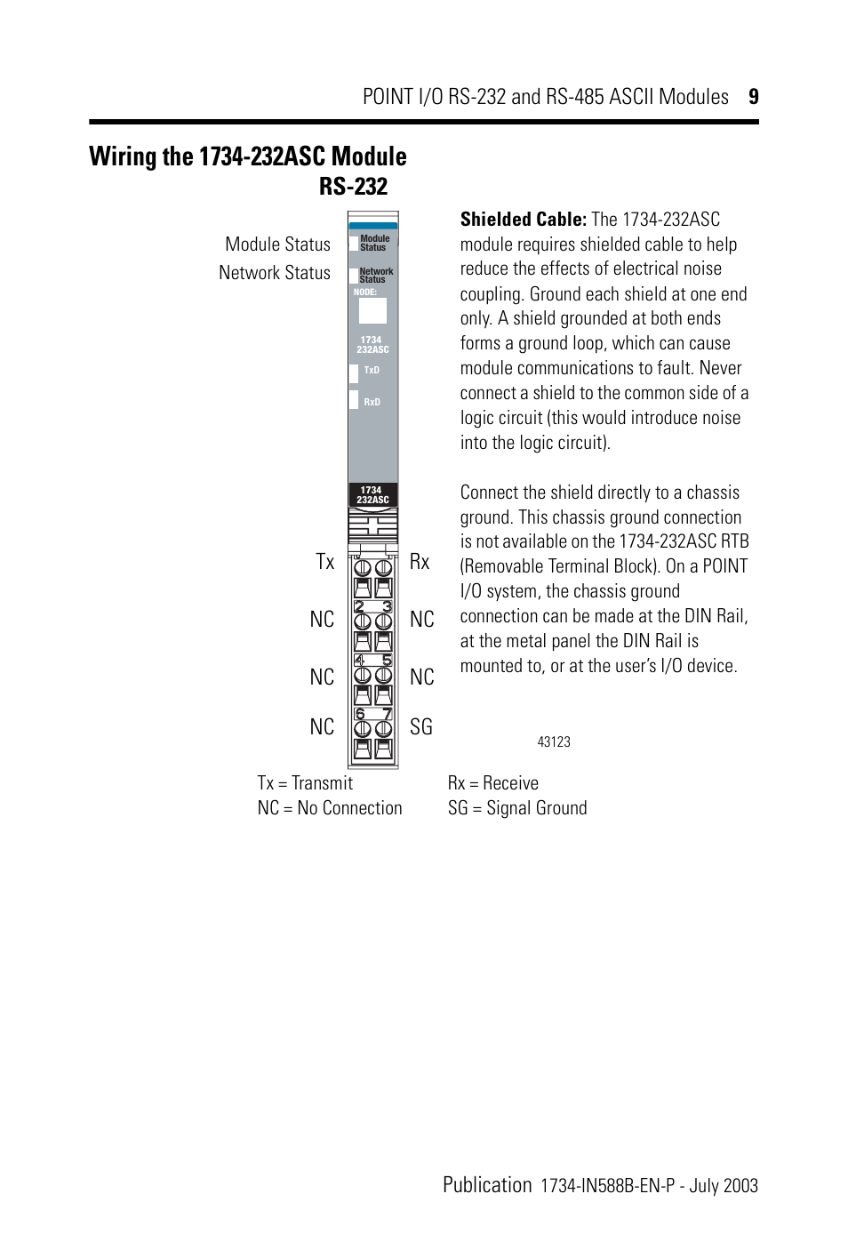 Wiring the 1734-232asc module, Rs-232, Rx nc nc sg tx nc nc nc | Rockwell Automation 1734-485ASC POINT I/O RS-232 and RS-485 ASCII Modules Installation Instructions User Manual | Page 9 / 24