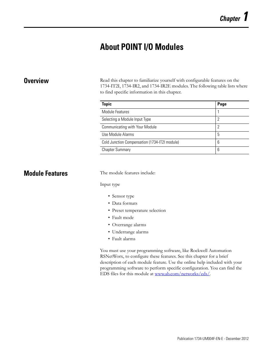 1 - about point i/o modules, Module features, Chapter 1 | About point i/o modules, Overview module features, Chapter, Overview | Rockwell Automation 1734-IT2I Thermocouple and RTD Input Module User Manual User Manual | Page 11 / 84