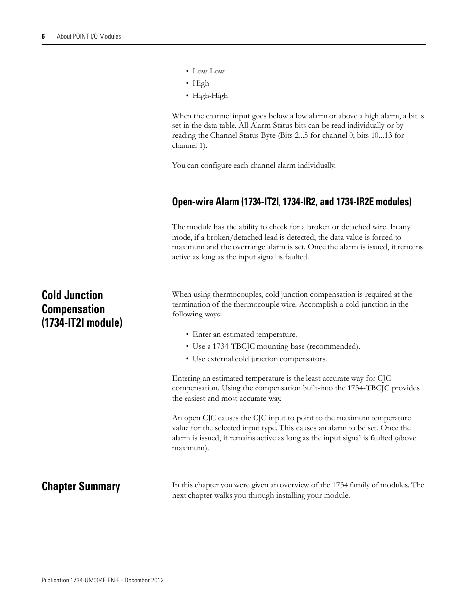 Cold junction compensation (1734-it2i module), Chapter summary | Rockwell Automation 1734-IT2I Thermocouple and RTD Input Module User Manual User Manual | Page 16 / 84