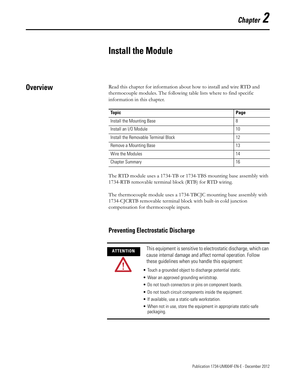 2 - install the module, Overview, Preventing electrostatic discharge | Chapter 2, Install the module, Chapter | Rockwell Automation 1734-IT2I Thermocouple and RTD Input Module User Manual User Manual | Page 17 / 84