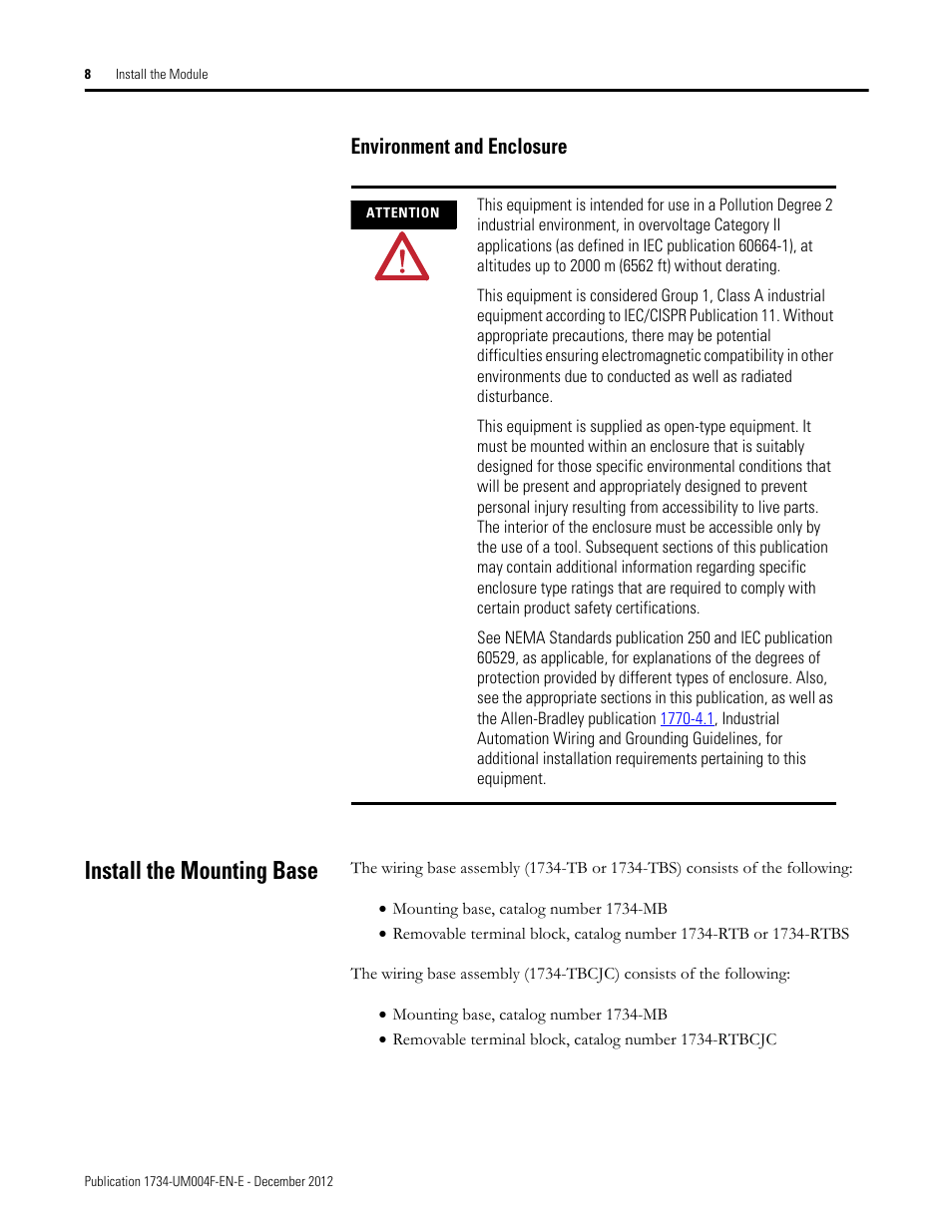 Environment and enclosure, Install the mounting base | Rockwell Automation 1734-IT2I Thermocouple and RTD Input Module User Manual User Manual | Page 18 / 84