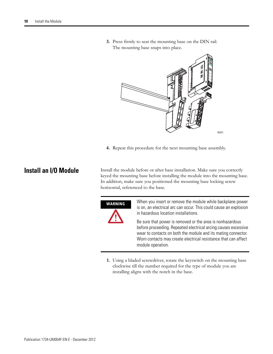 Install an i/o module, Warning | Rockwell Automation 1734-IT2I Thermocouple and RTD Input Module User Manual User Manual | Page 20 / 84