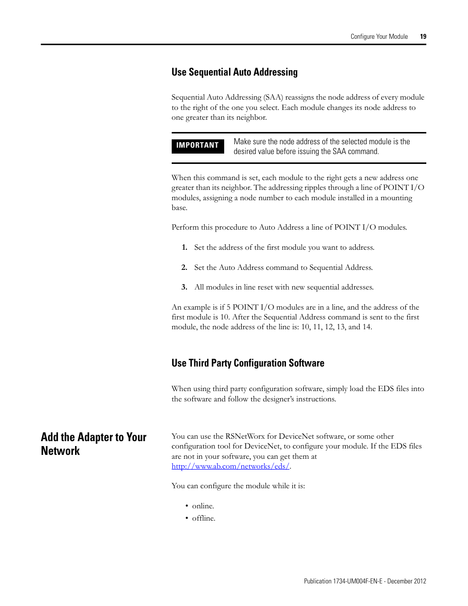 Use sequential auto addressing, Use third party configuration software, Add the adapter to your network | Rockwell Automation 1734-IT2I Thermocouple and RTD Input Module User Manual User Manual | Page 29 / 84
