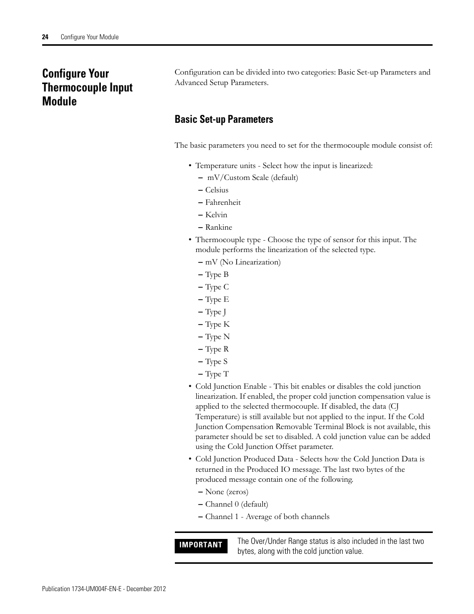 Configure your thermocouple input module, Basic set-up parameters | Rockwell Automation 1734-IT2I Thermocouple and RTD Input Module User Manual User Manual | Page 34 / 84