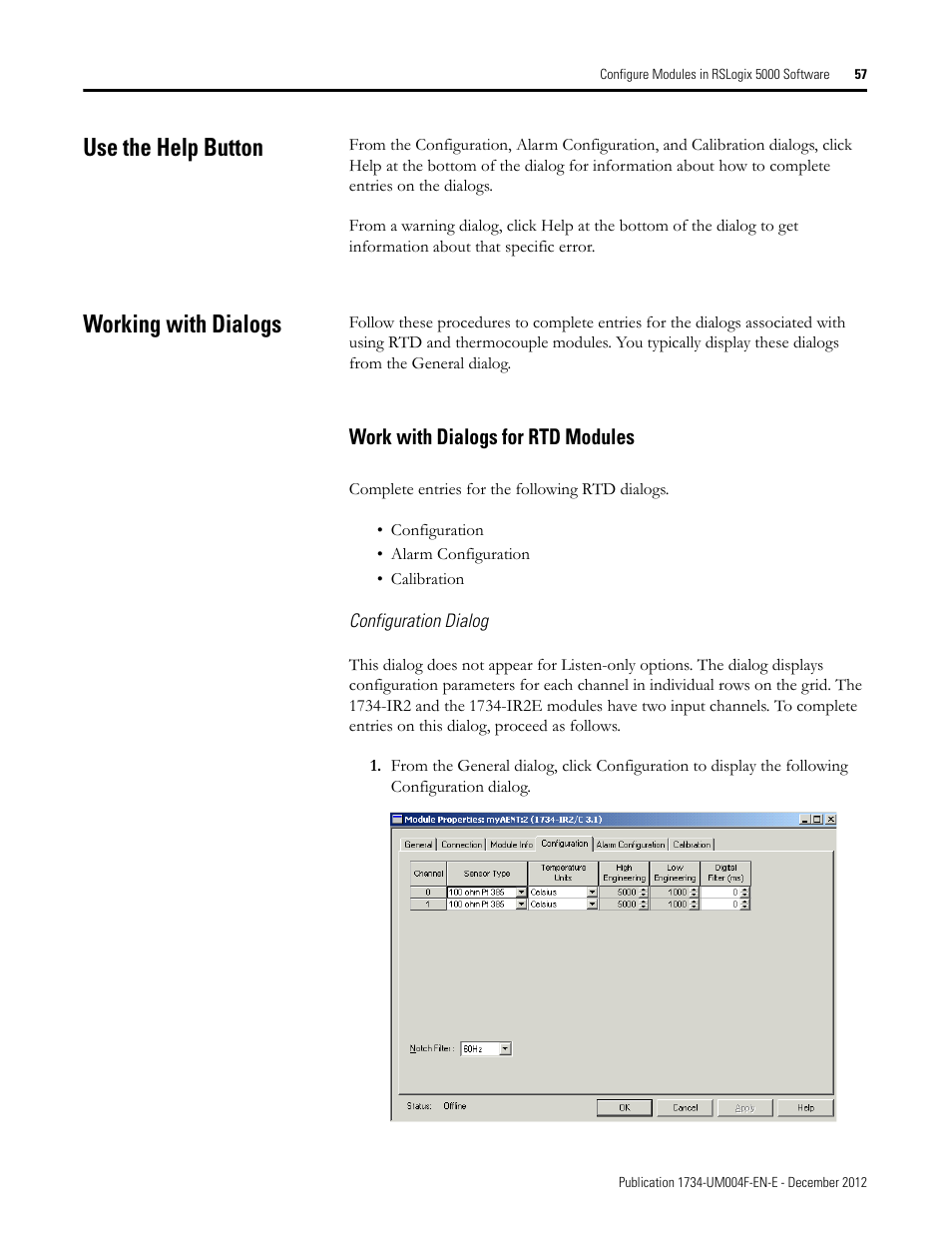 Use the help button, Working with dialogs, Work with dialogs for rtd modules | Configuration dialog, Use the help button working with dialogs | Rockwell Automation 1734-IT2I Thermocouple and RTD Input Module User Manual User Manual | Page 67 / 84