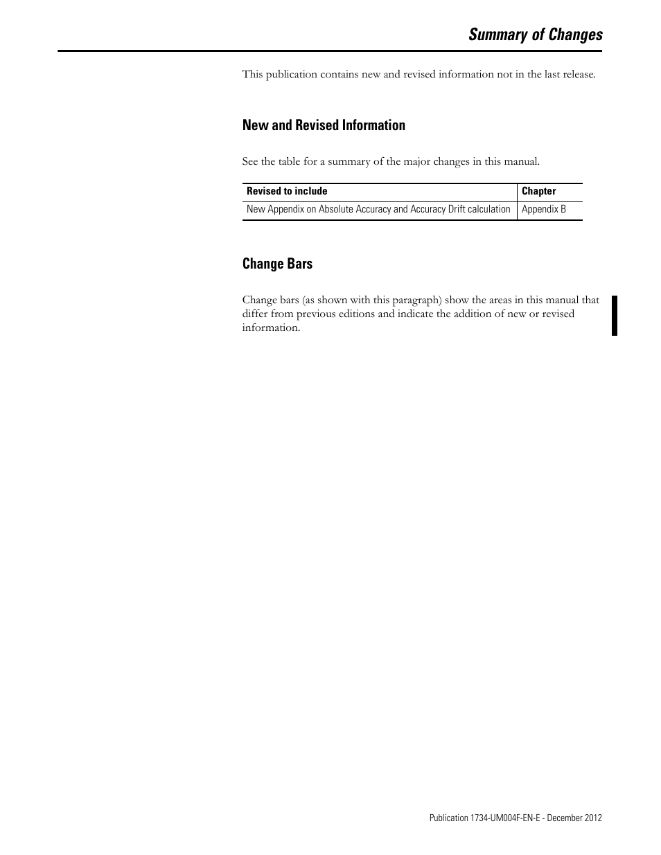 Summary of changes, New and revised information, Change bars | New and revised information change bars | Rockwell Automation 1734-IT2I Thermocouple and RTD Input Module User Manual User Manual | Page 7 / 84