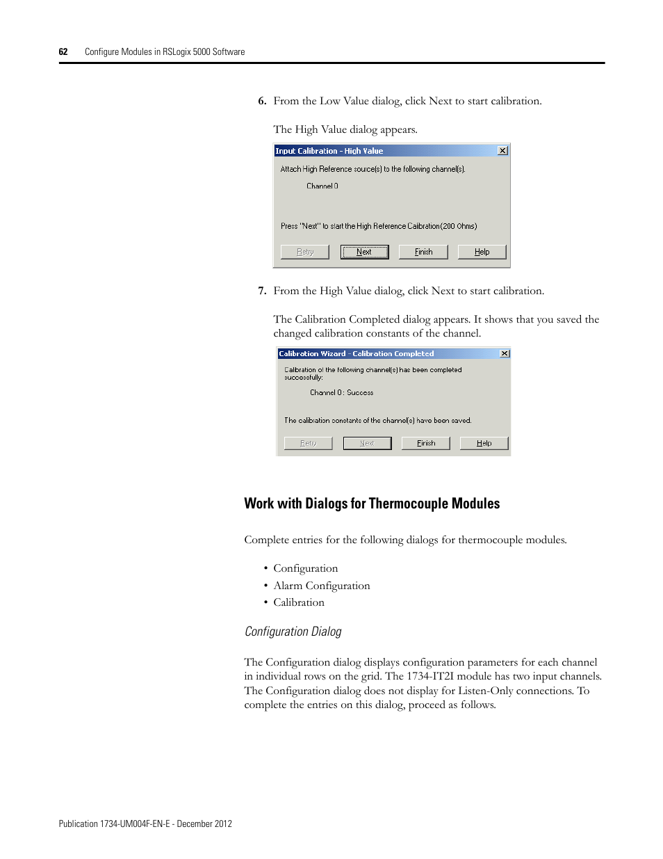 Work with dialogs for thermocouple modules, Configuration dialog | Rockwell Automation 1734-IT2I Thermocouple and RTD Input Module User Manual User Manual | Page 72 / 84