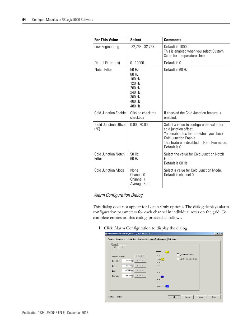 Alarm configuration dialog | Rockwell Automation 1734-IT2I Thermocouple and RTD Input Module User Manual User Manual | Page 74 / 84