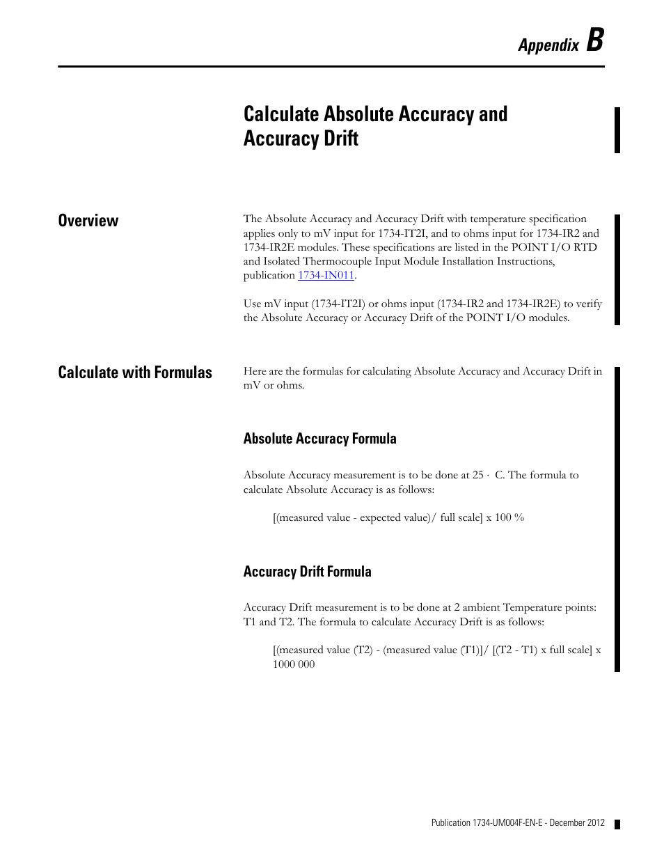 B - calculate absolute accuracy and accuracy drift, Overview, Calculate with formulas | Absolute accuracy formula, Accuracy drift formula, Appendix b, Calculate absolute accuracy and accuracy drift, Overview calculate with formulas, Absolute accuracy formula accuracy drift formula, Appendix | Rockwell Automation 1734-IT2I Thermocouple and RTD Input Module User Manual User Manual | Page 79 / 84