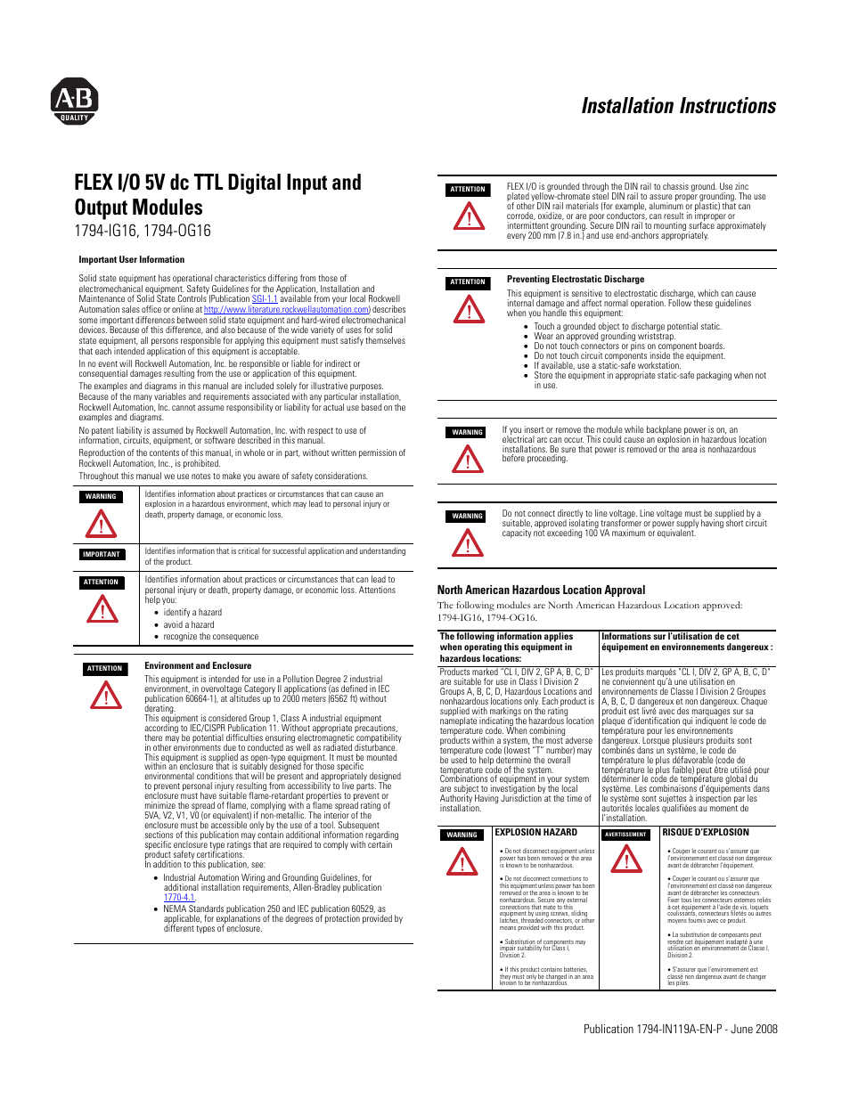 Rockwell Automation 1794-IG16_OG16 FLEX I/O 5V dc TTL Digital Input and Output Modules User Manual | 4 pages