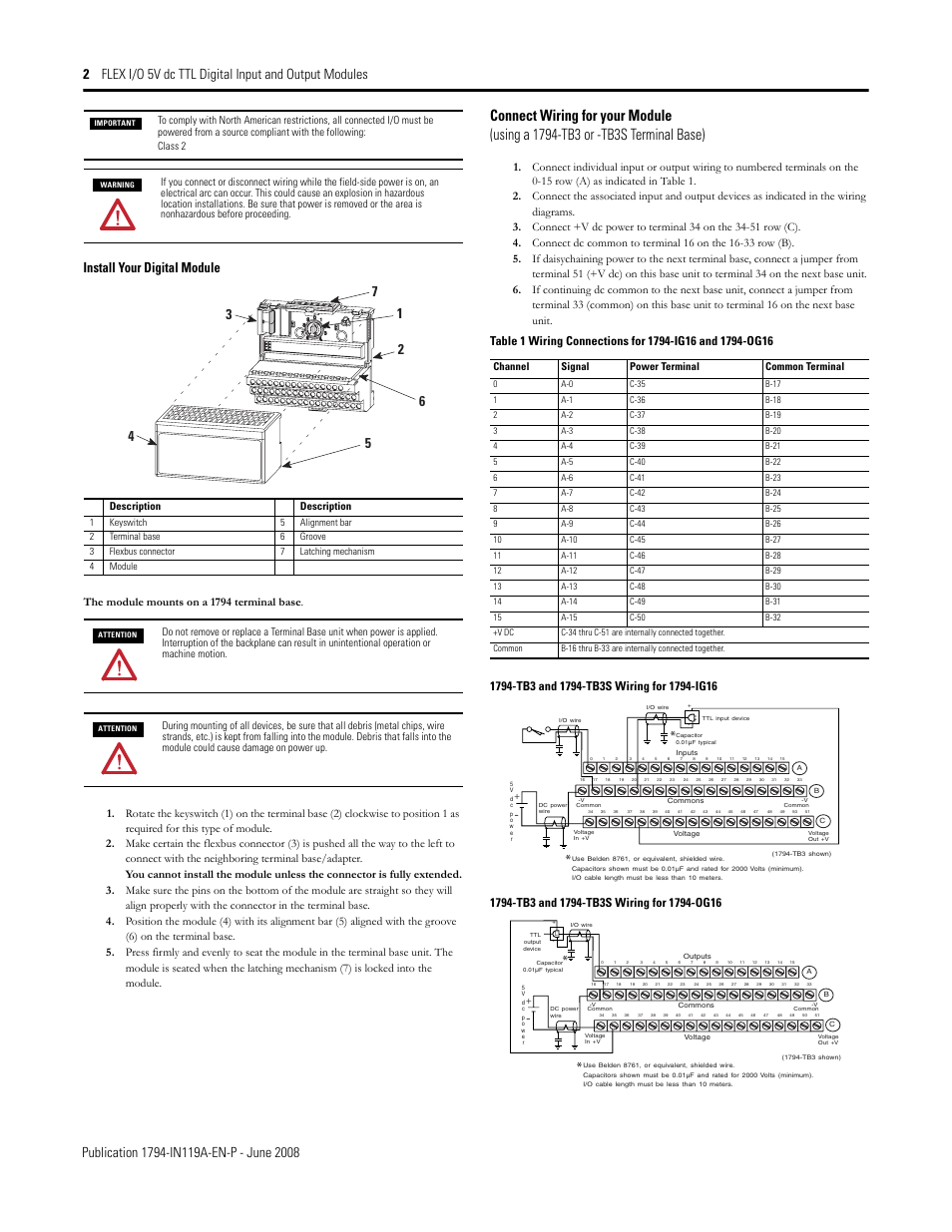 Install your digital module | Rockwell Automation 1794-IG16_OG16 FLEX I/O 5V dc TTL Digital Input and Output Modules User Manual | Page 2 / 4