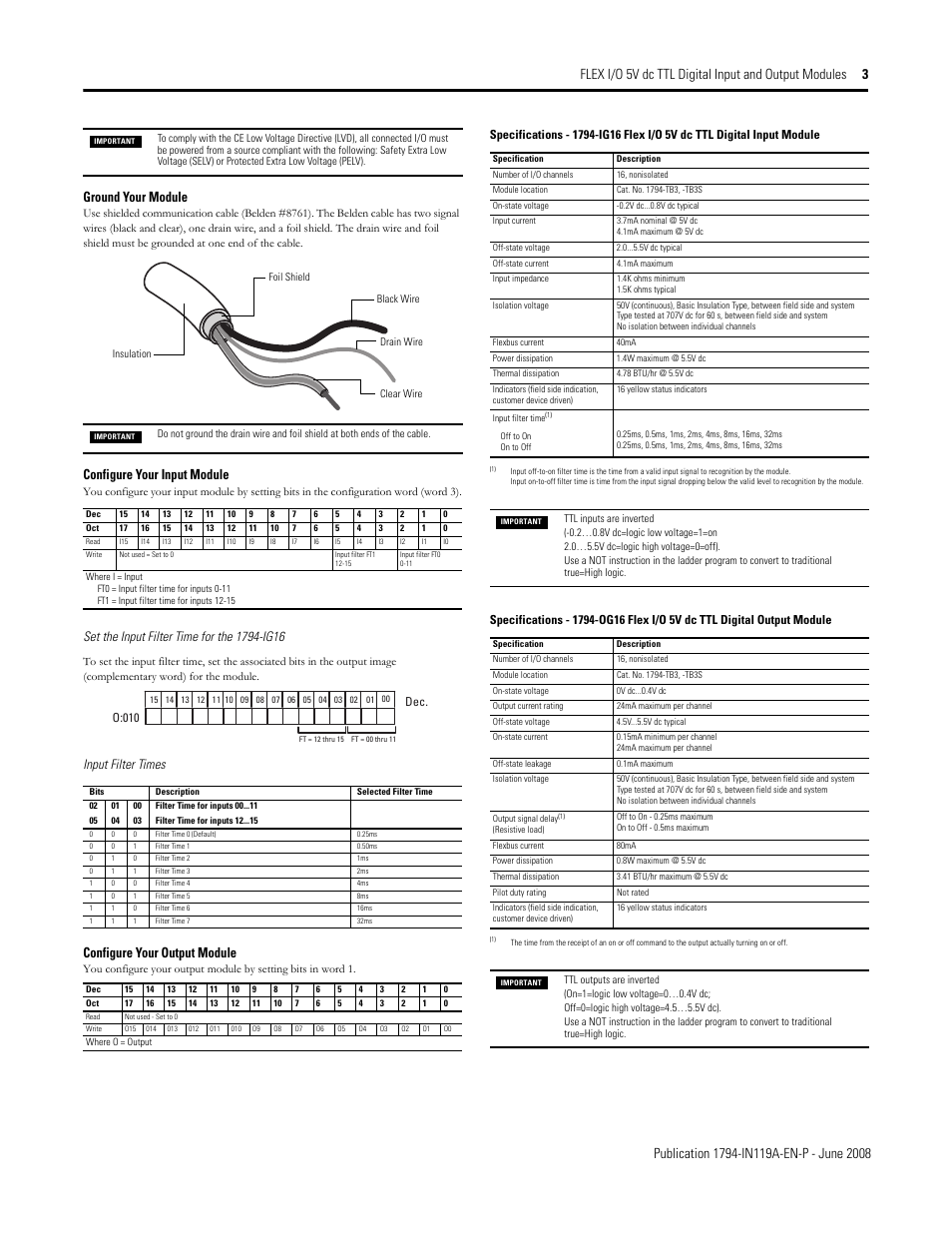 Ground your module, Configure your input module, Configure your output module | Specifications, Input filter times | Rockwell Automation 1794-IG16_OG16 FLEX I/O 5V dc TTL Digital Input and Output Modules User Manual | Page 3 / 4