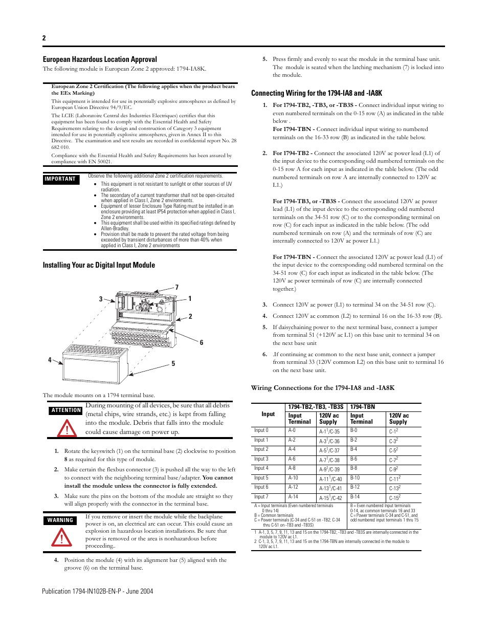 European hazardous location approval, Installing your ac digital input module | Rockwell Automation 1794-IA8_IA8I_IA16 FLEX I/O ac Input Modules Installation Instructions User Manual | Page 2 / 6