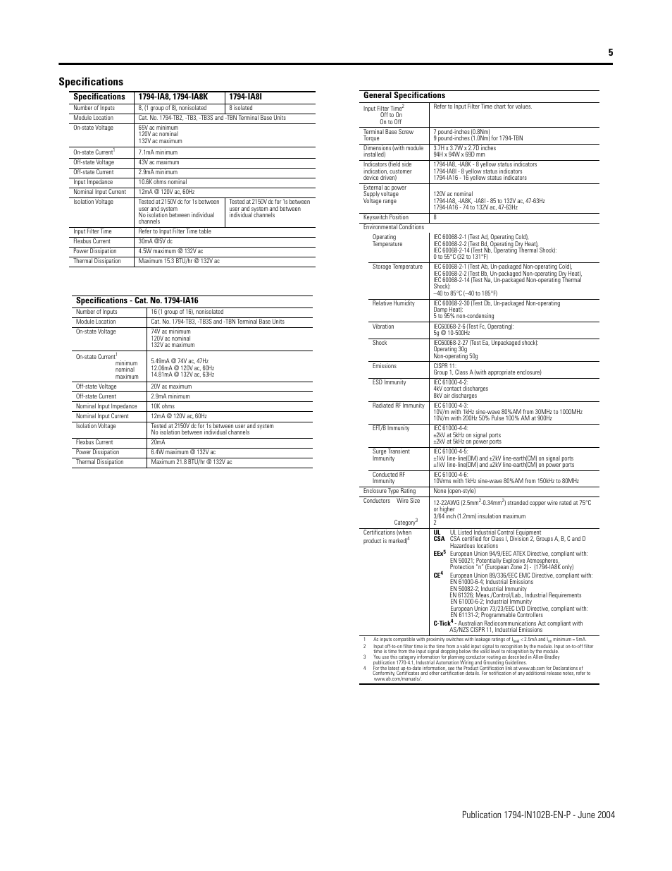 Specifications | Rockwell Automation 1794-IA8_IA8I_IA16 FLEX I/O ac Input Modules Installation Instructions User Manual | Page 5 / 6