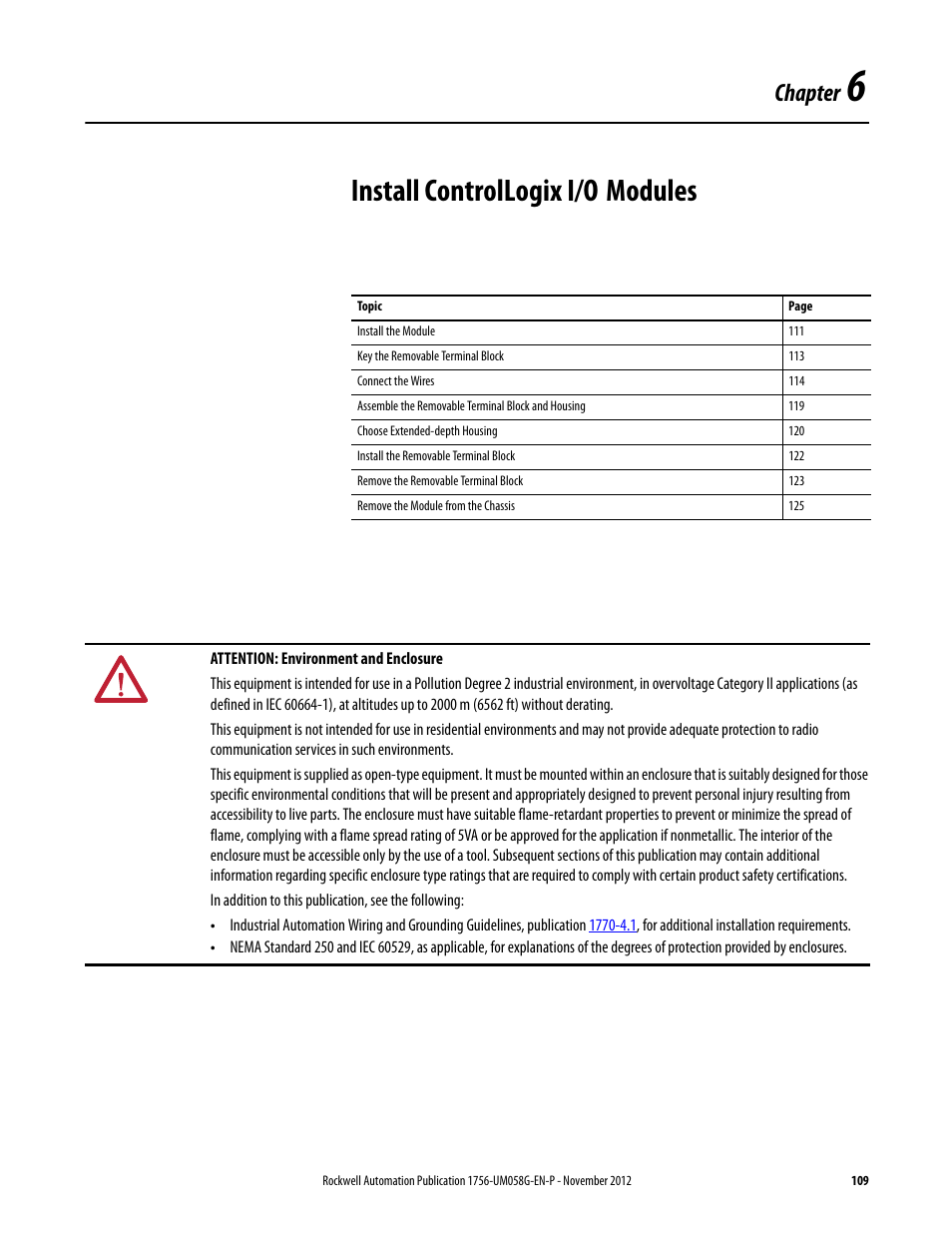 6 - install controllogix i/o modules, Chapter 6, Install controllogix i/o modules | Chapter | Rockwell Automation 1756-XXXX ControlLogix Digital I/O Modules User Manual | Page 109 / 258