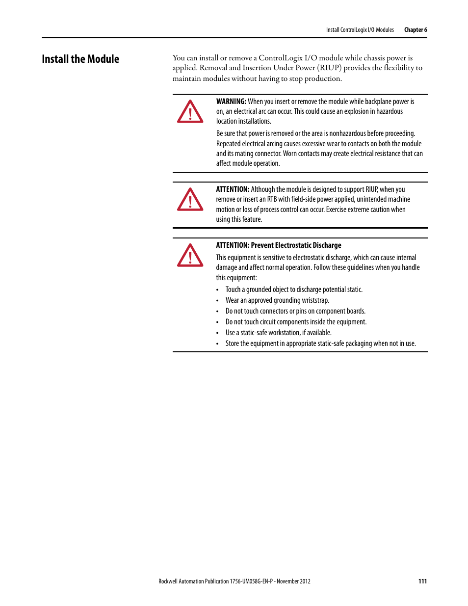 Install the module | Rockwell Automation 1756-XXXX ControlLogix Digital I/O Modules User Manual | Page 111 / 258