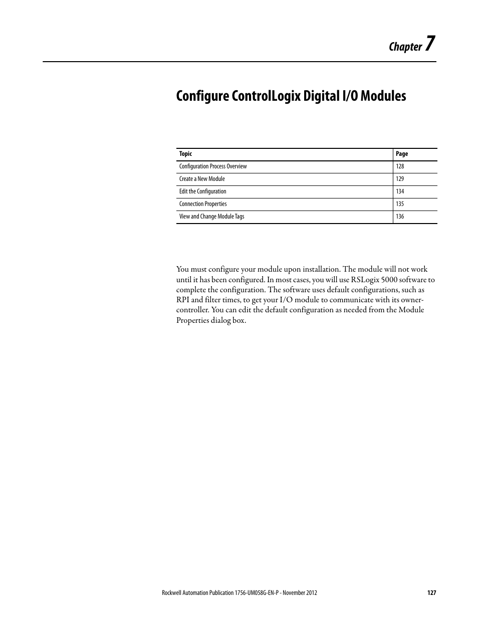 7 - configure controllogix digital i/o modules, Chapter 7, Configure controllogix digital i/o modules | Chapter | Rockwell Automation 1756-XXXX ControlLogix Digital I/O Modules User Manual | Page 127 / 258