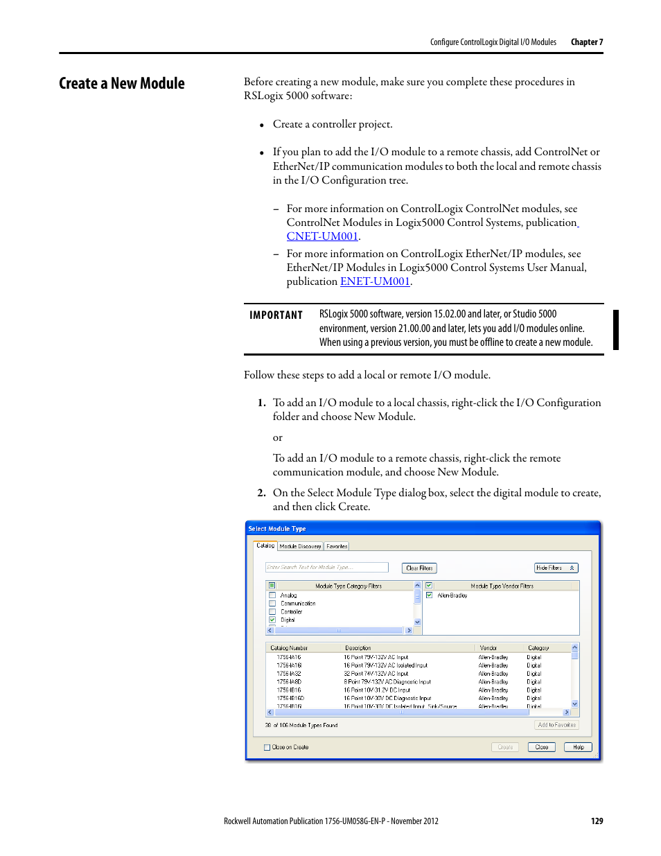 Create a new module | Rockwell Automation 1756-XXXX ControlLogix Digital I/O Modules User Manual | Page 129 / 258